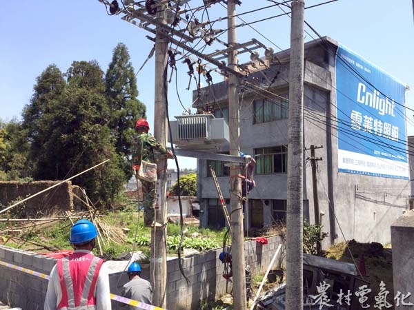 【电杆 电站】4月19日，国网福建宁德福鼎市供电公司组织员工将管阳镇10kV河山支线的160千伏安配变更换为600千伏安，以满足春季福鼎白茶生产需求。（周婷婷）.jpg