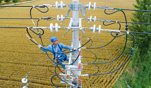 该工程是国网滑县供电公司迎峰度夏重点工程项目，从110千伏沃丁变电站新建10千伏冯谭线路，共投资367.6万元，长度11.44千米，转带原35千伏高平变10千伏高乡直线路负荷，有效解决了高平、慈周寨等乡镇供电压力，为群众提供更加坚强的电力保障。图为6月2日，在高平镇东大庙村北地，国网滑县供电公司员工李红、都献中等10人正在新建10千伏冯谭线路工程现场加紧施工。
