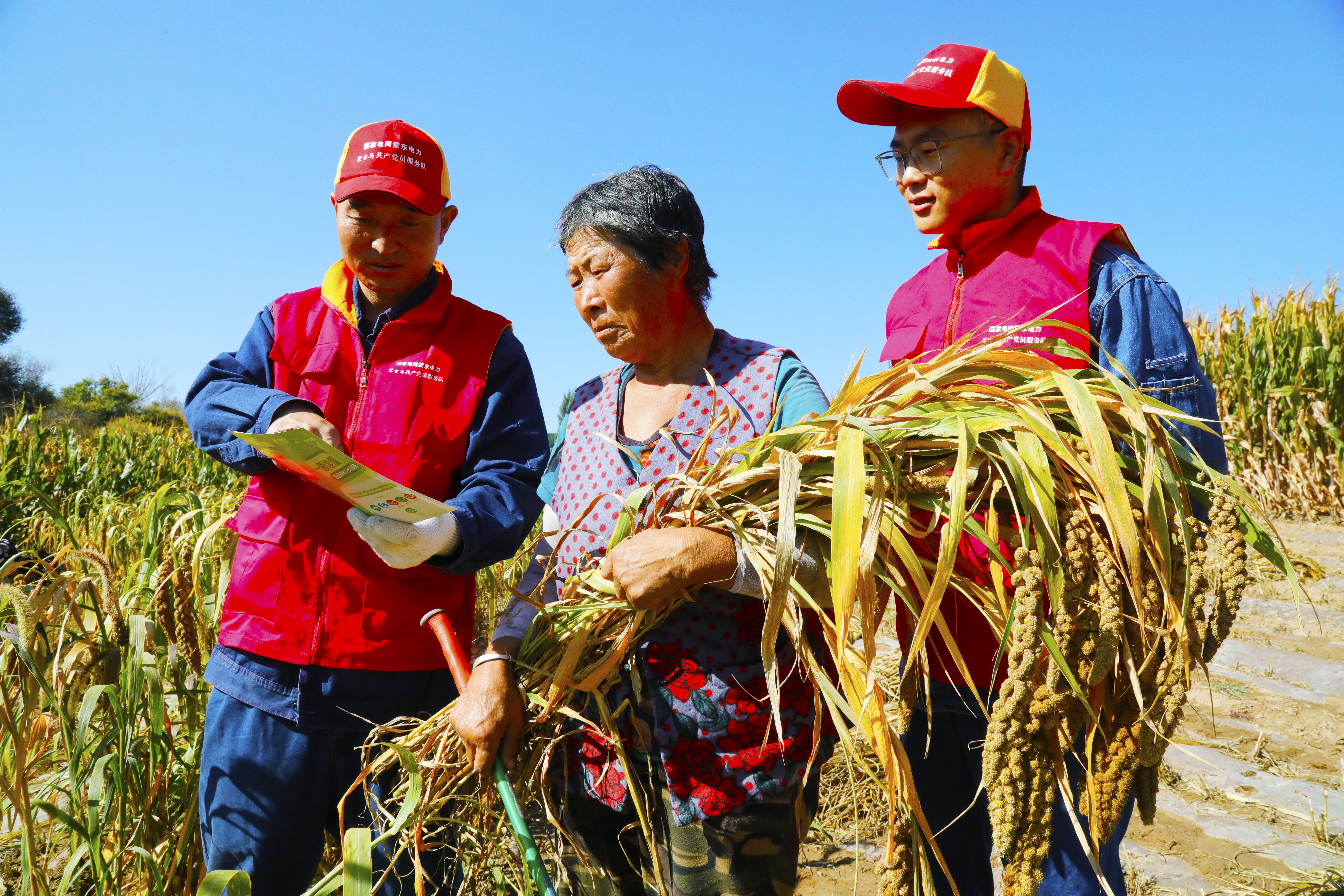 农村电气化信息网讯：（通讯员 张振远 摄）9月24日蒙东赤峰敖汉旗供电公司新惠镇中心供电营业所齐宗孝、黄志远在田间向用户宣传秋季农户秋收安全用电知识。